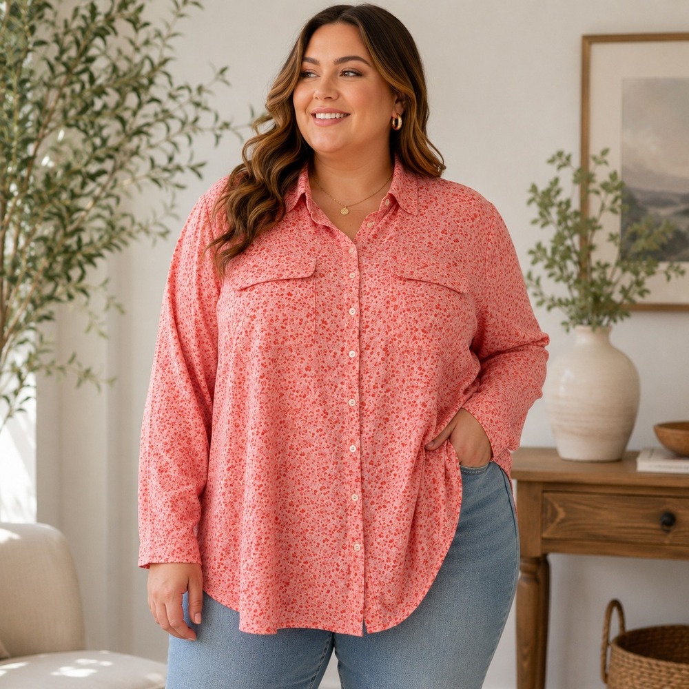 Lands End Womens Button Up Ditsy Floral Tunic Top Plus Size 3X Peach Stretch